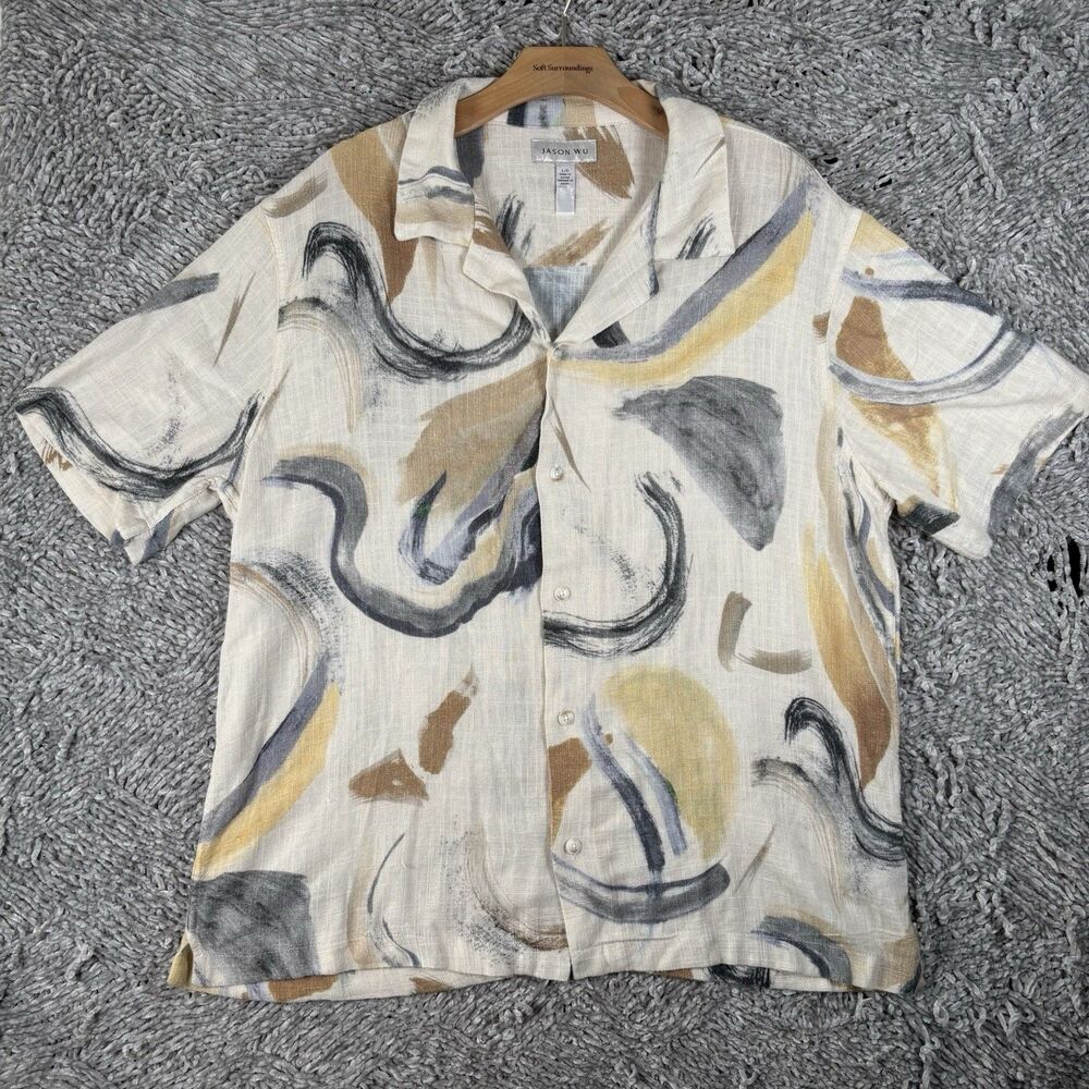 Jason Wu Linen Blend Shirt Men’s Large Short Sleeve Abstract Hawaiian Summer